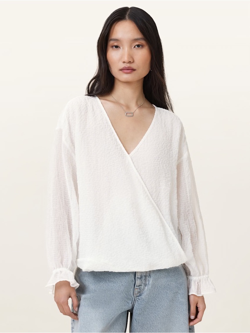 $199 AllSaints Women's Penny Top V-Neck Wrap Long Sleeve White Seersucker US 4